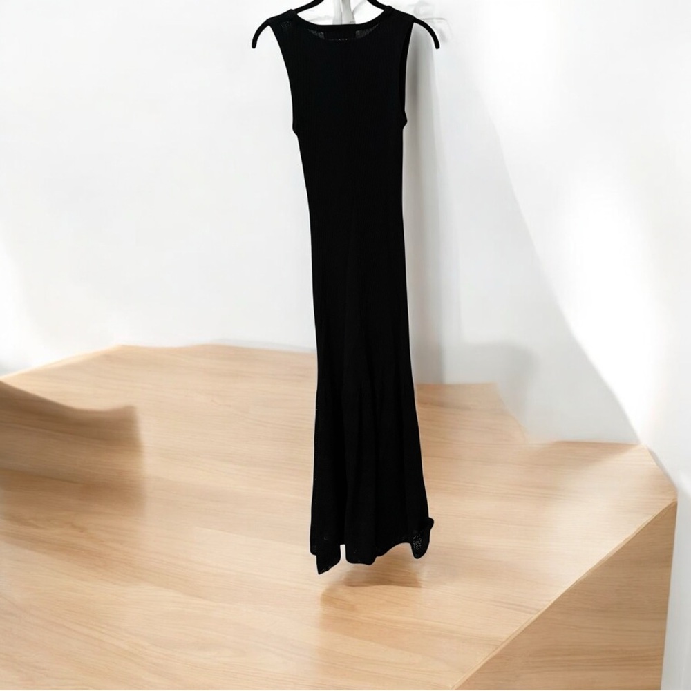 ZARA Black Maxi Dress Size Small STRETCHY BLK Solid Ribbed Top/ Embroidery